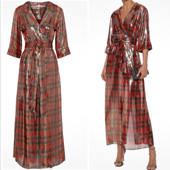 NWT Alice + Olivia Chap Dress Plaid Wrap Metallic Red Tie Waist
Midi Silk Dress - Picture 1 of 10